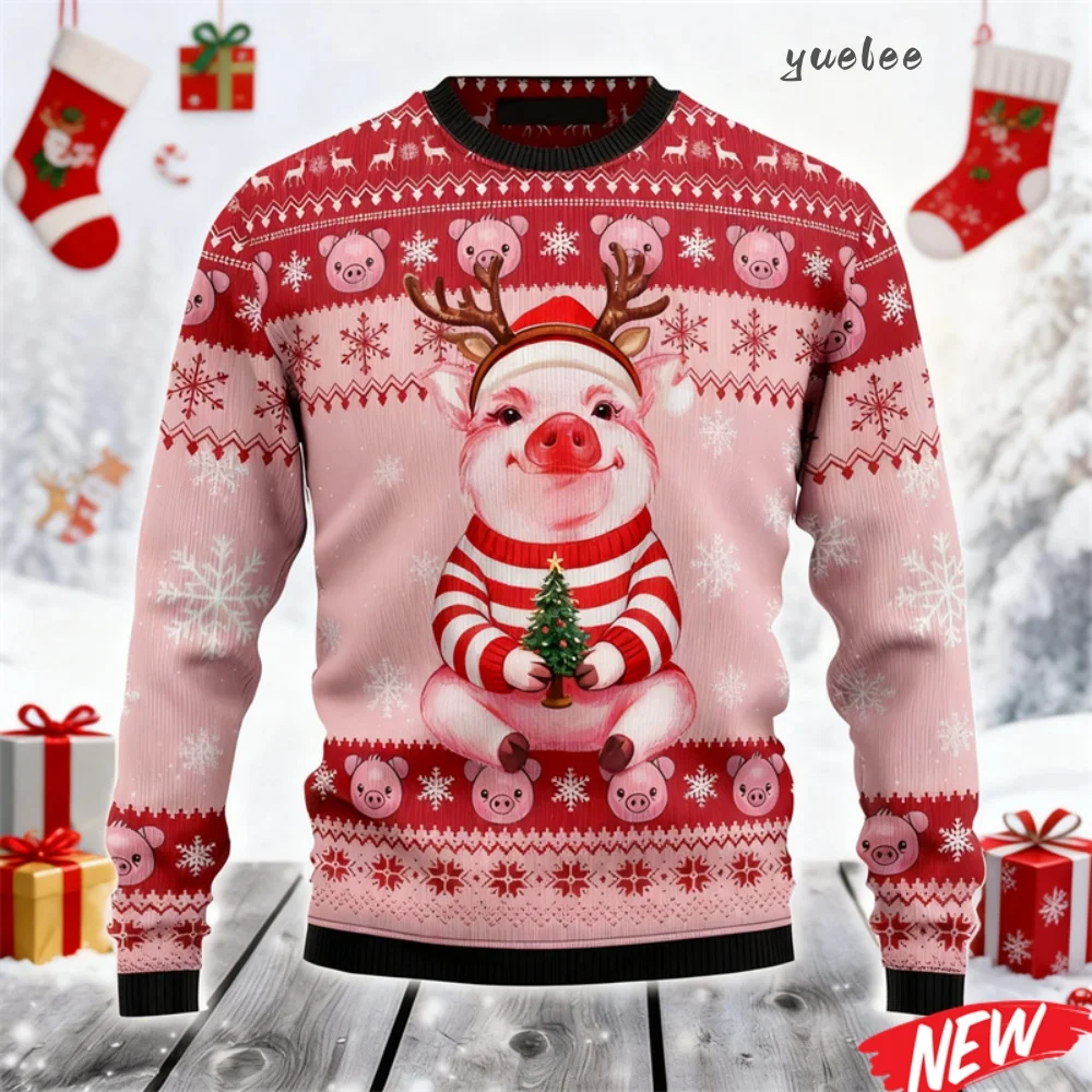 

2026 Ugly Christmas Sweater for Men Cute Animal Pig Pattern Oversized Sweatshirt Family New Year Holiday O-Neck Men's Sweatshirt