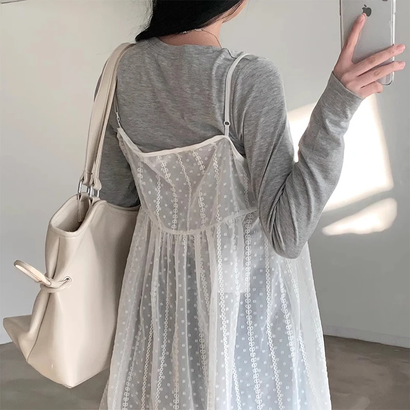 E Vestido Largo de Primavera con Cuello en V, Bordado con Encaje, Estilo Coreano, Manga Larga, Hoado, para Mujeres J...