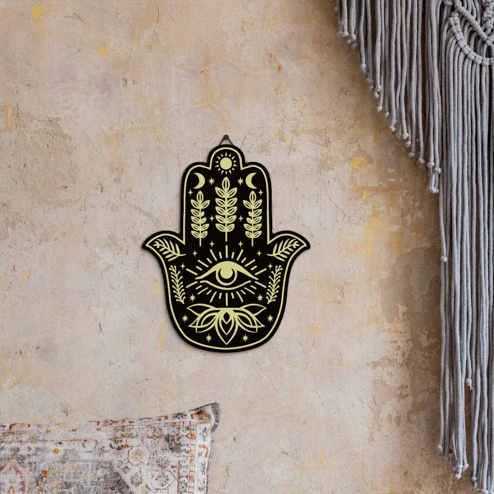 CIFBUY Iron Wall Art 2D Flat Printed Metal Hamsa Hand Evil Eye Cutout Wall Hanging Sun Moon Lotus Pattern Bohemian Home Wall Dec
