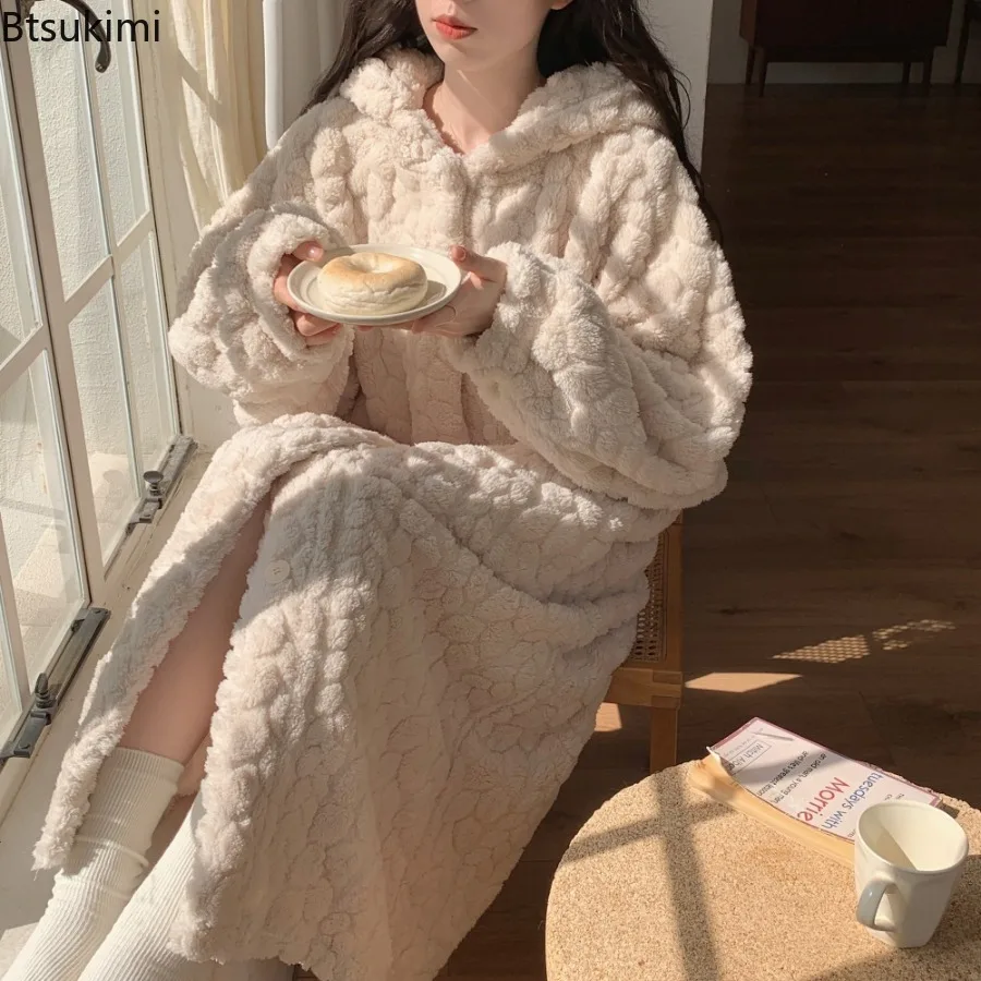2026 Winter Women's Pocket Robe Sleepwear Nightdress Night Wears Warm Fleece Pajama One Piece Nightgown Hooded Sleeping Homewear