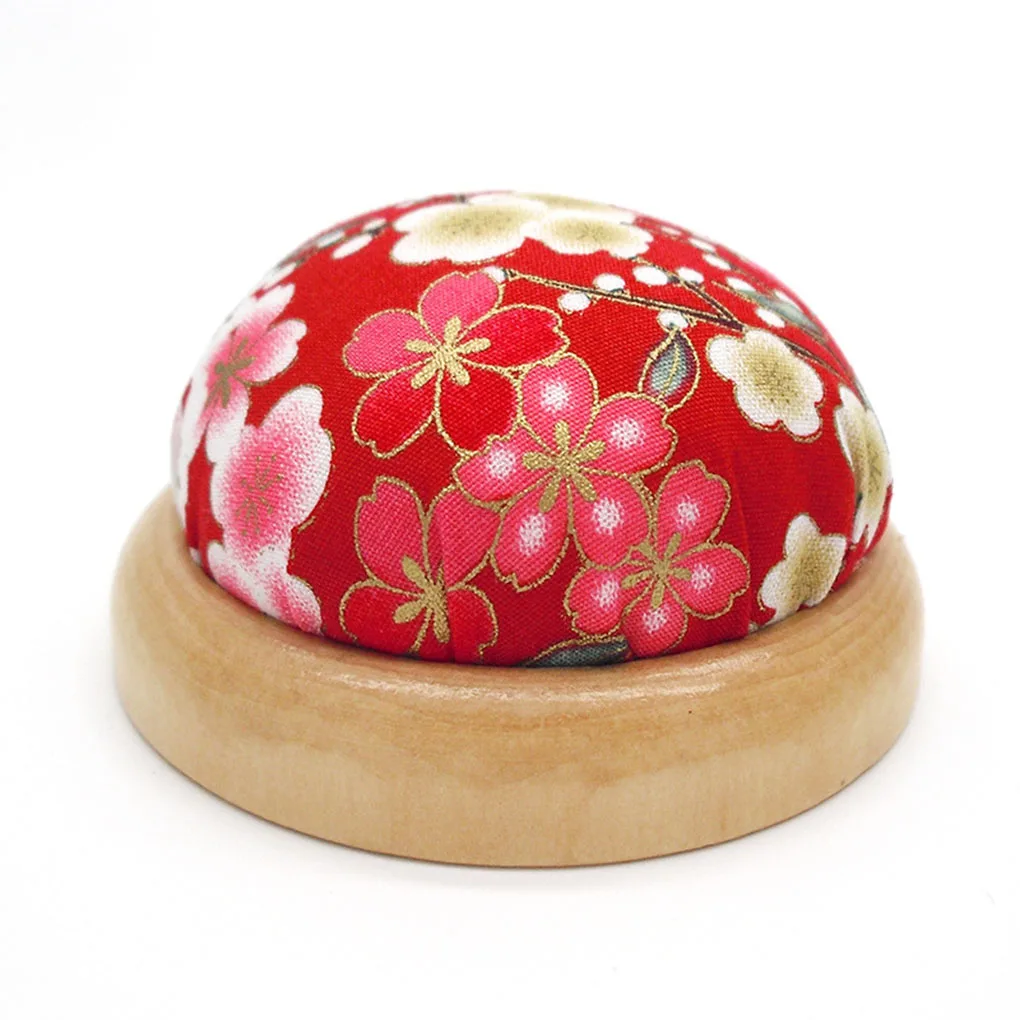 Wooden Base Sewing Cushion Polyester Printed Flower Pincushions Home Knitting Pin Holder, Light Beige