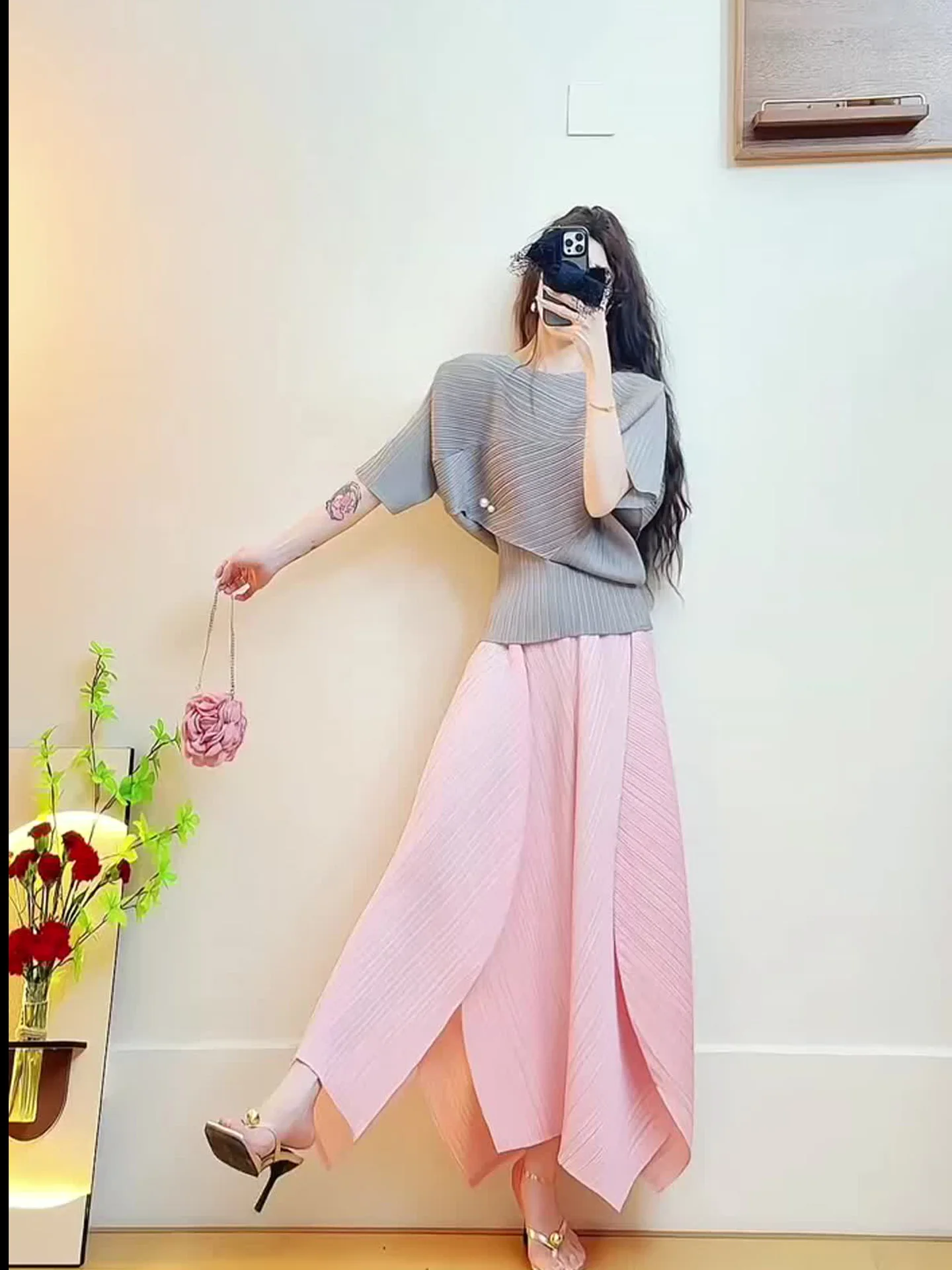 

Three-Panel Windbaggy Simple Japanese Style High Waist Slim Short Sleeve Women's Set Uneven Flower Bud Skirt Fashion Set