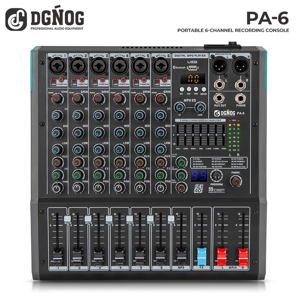 DGNOG PA-6 Audio Mixer, 6-Channel Recording Console, Portable Bluetooth 99DSP USB Recording for DJ Stages and Recording Studios