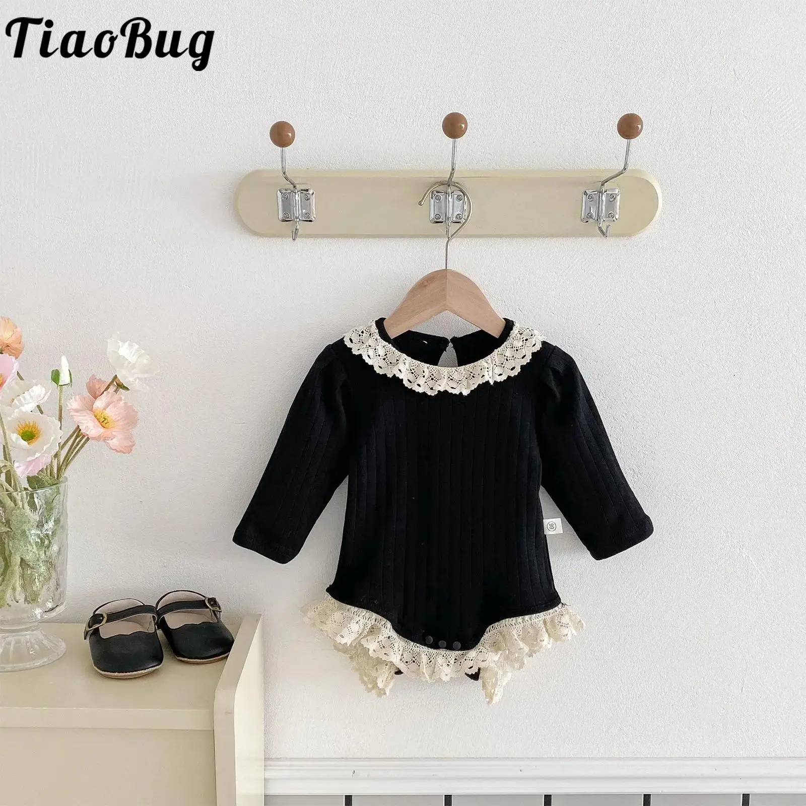 

Toddler Baby Girls Cute Lace Trim Ribbed Rompers Long Sleeves Bodysuit Spring Autumn Clothes for Holiday Birthday Wedding Party