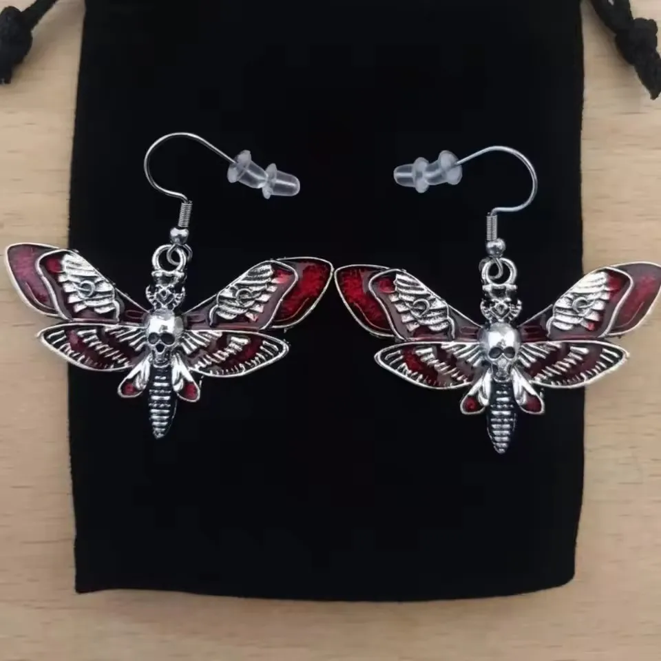 Personality Gothic Blood-red Death Moth Skull Dangle Earrings for Women Halloween Party Demon Style Jewelry Accessories Gifts