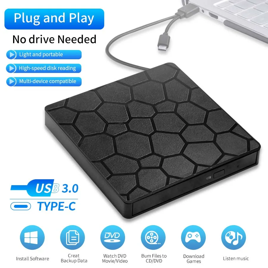 Slim 2-in-1 External DVD RW Writer Reader Player Burner USB 3.0 Type C VCD CD Optical Drive for Laptop PC Computer Notebook