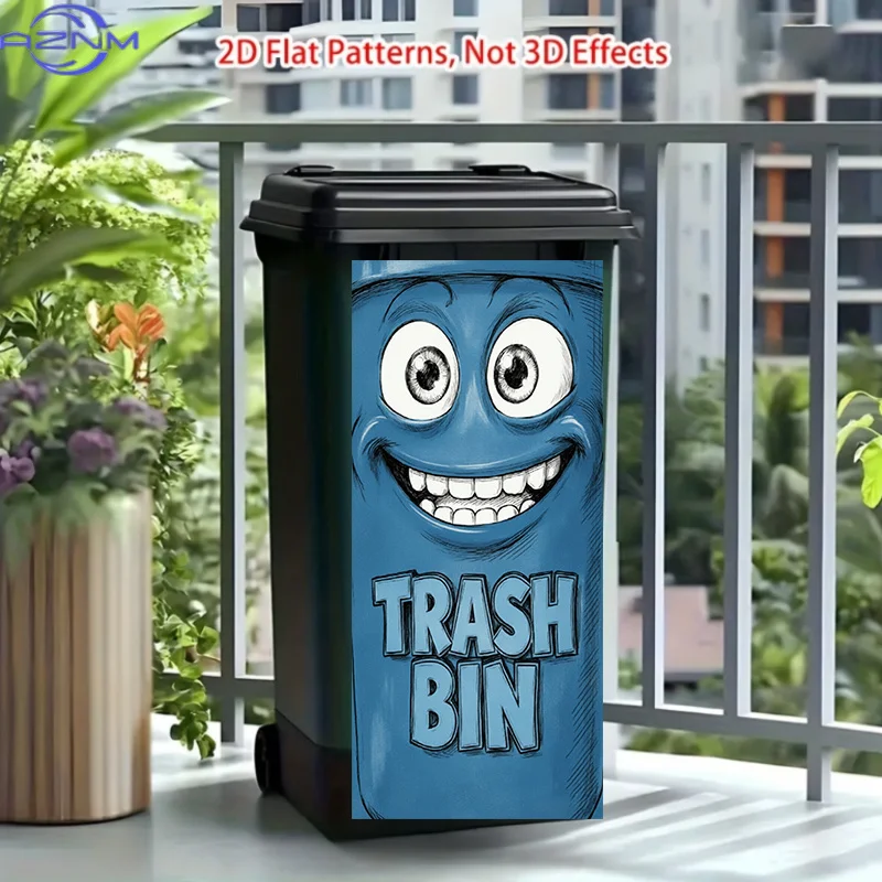 2D Flat Trash Can Sticker, Blue Smiley Face Trash Can Design, Self-Adhesive Outdoor Trash Can Decoration, Suitable for Courtya