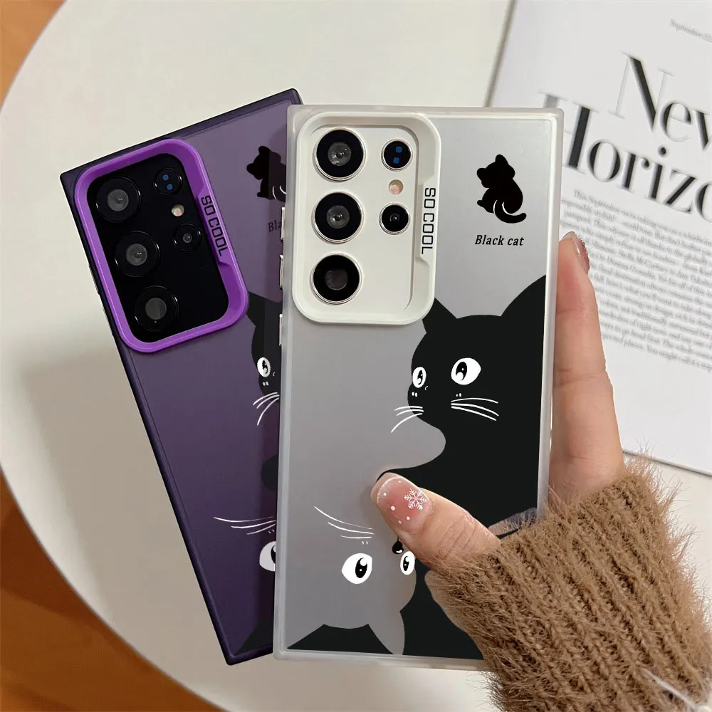 Shockproof Silver IMD Phone Case For Samsung Galaxy A71 A72 A73 A56 A55 A54 A53 A52 A52s A51 A50 4G 5G Black Cat Pattern Cover