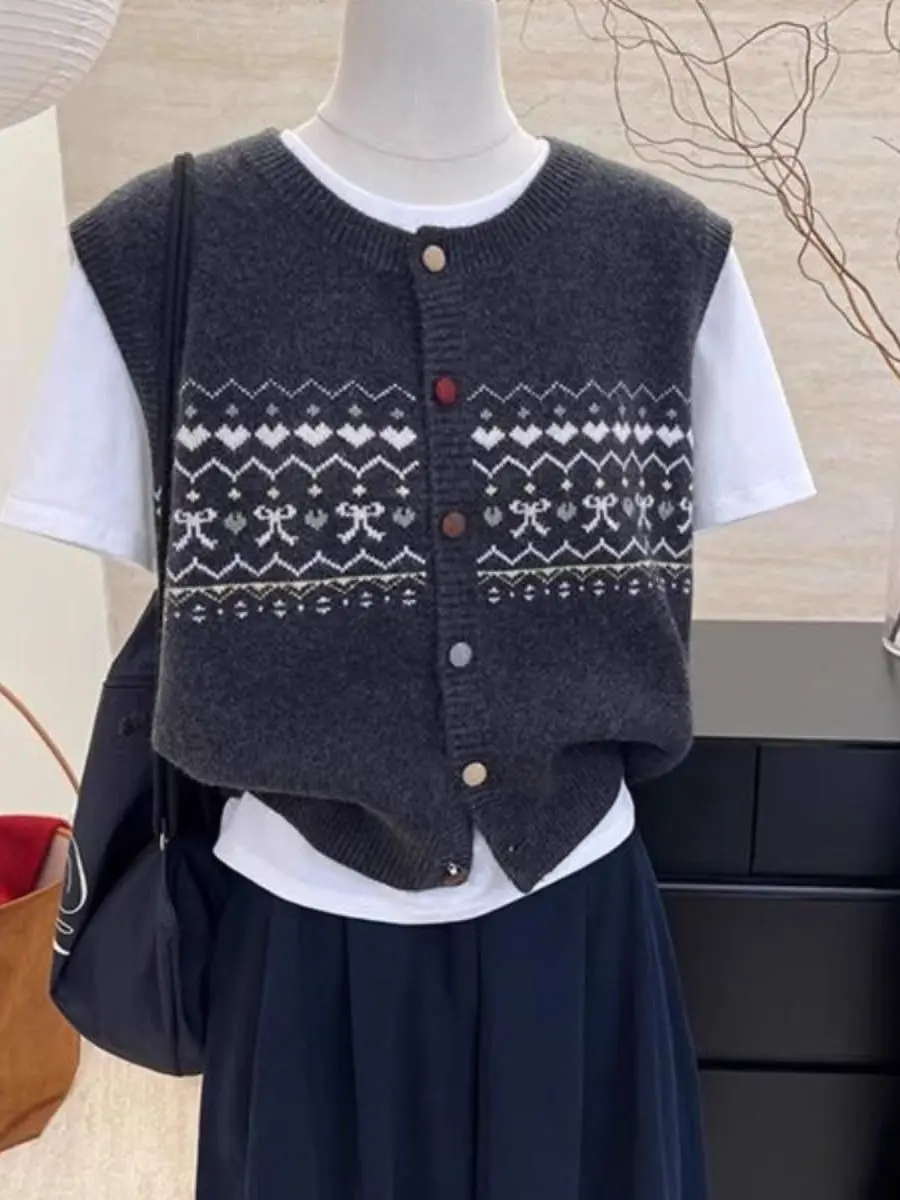Retro Floral Knitted Vest Women's Autumn Winter Outerwear Layering Shoulder Pad Vest Tank Top Base Shirt round Neck Loose Fit
