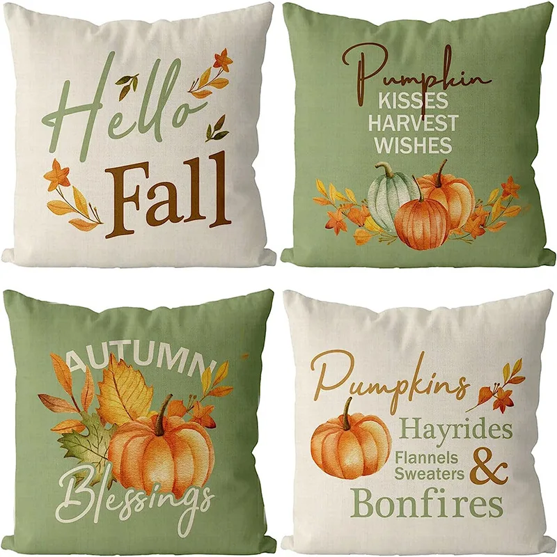 Hello Fall Green Pillow Covers 18 x18 Set of 4, Thanksgiving Decorations Pumpkin Maple Leaves Decorative Throw Cushion Case