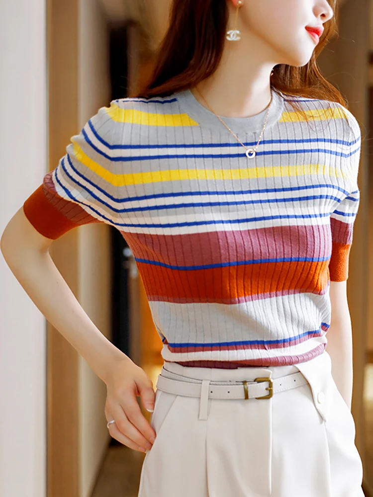 Women Clothes T-shirt Striped Knit Tops Summer Thin Short Sleeve Round Neck Tee Shirt Femme Korean Fashion T Shirts Female Tees