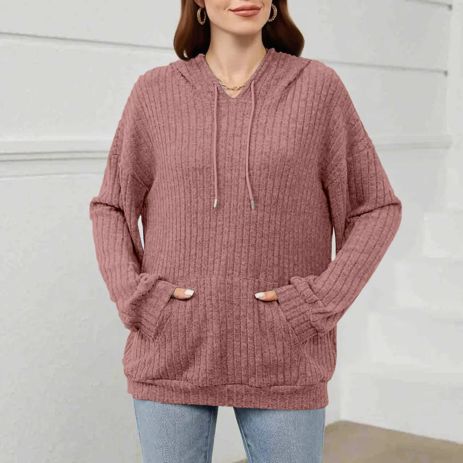 Sudadera con capucha holgada de manga larga con cordón y bolsillo para mujer, Top de Color sólido, sudaderas con capucha, ropa de invierno para mujer