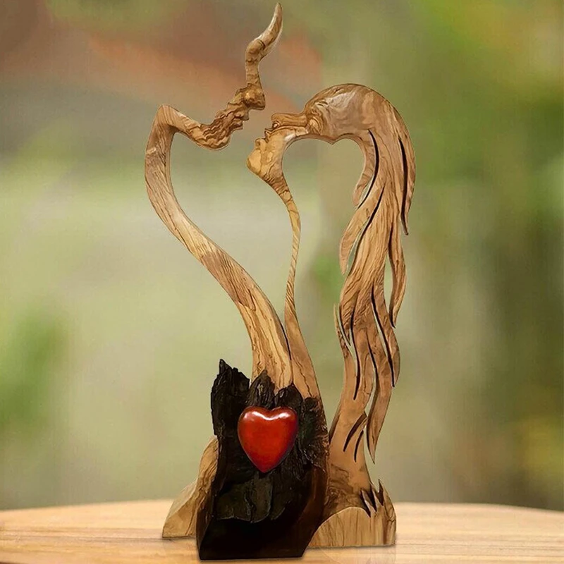 Love Eternal Wood Ornaments Wooden-Heart Desktop Sculpture Couple Kissing Statue Love Art Ornaments for Home Decorations Gift