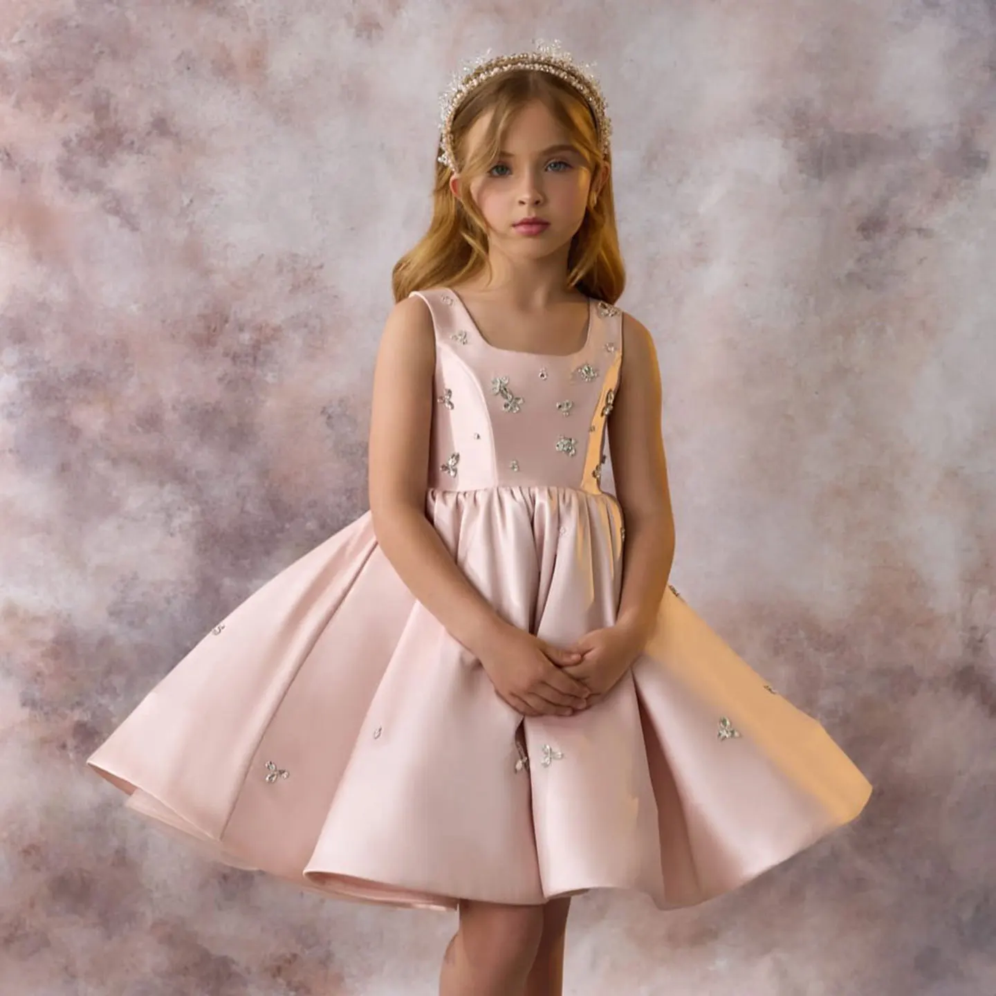 Dreamy Vow Elegant Pink Satin Girl Dresses Bead Square Collar Knee Length for Kids Wedding Birthday Holiday Party Gown 2025 J145