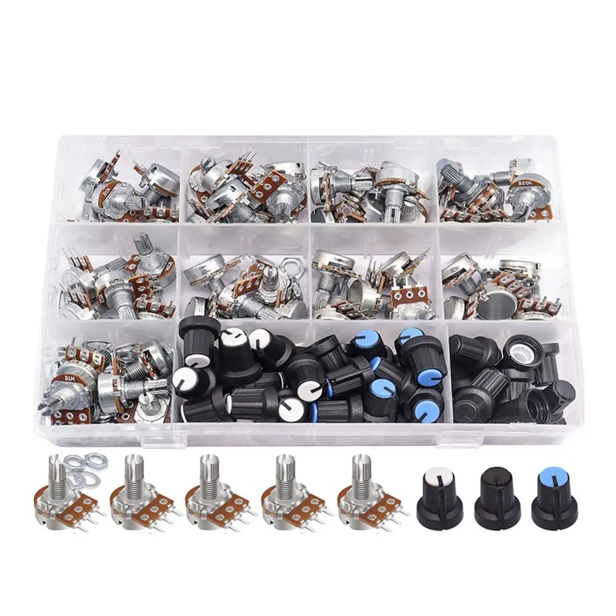 A89X 200PCS Potentiometer Kit with Rotary Knobs,WH148 B1K 5K 10K 20K 50K 100K 250K 500K 1M Ohm Potentiometers Single Linear
