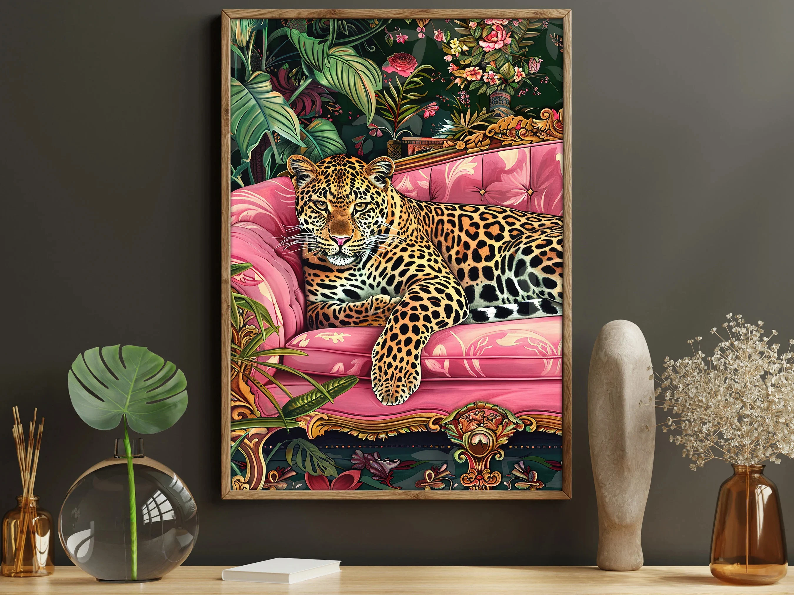 Pop Lovely Wildlife Wall Art Canvas Print Leopard Tiger Sleep On Bed Painting Deer Rabbit In Flowers Poster Home Decoration