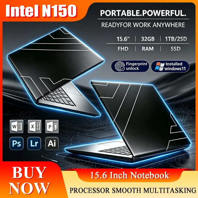 New 15.6'' Laptop Intel Core N150 32GB 2TB Gaming PC Ultra Slim Office Study Computer PC Windows 11 Pro 1920*1080 HD