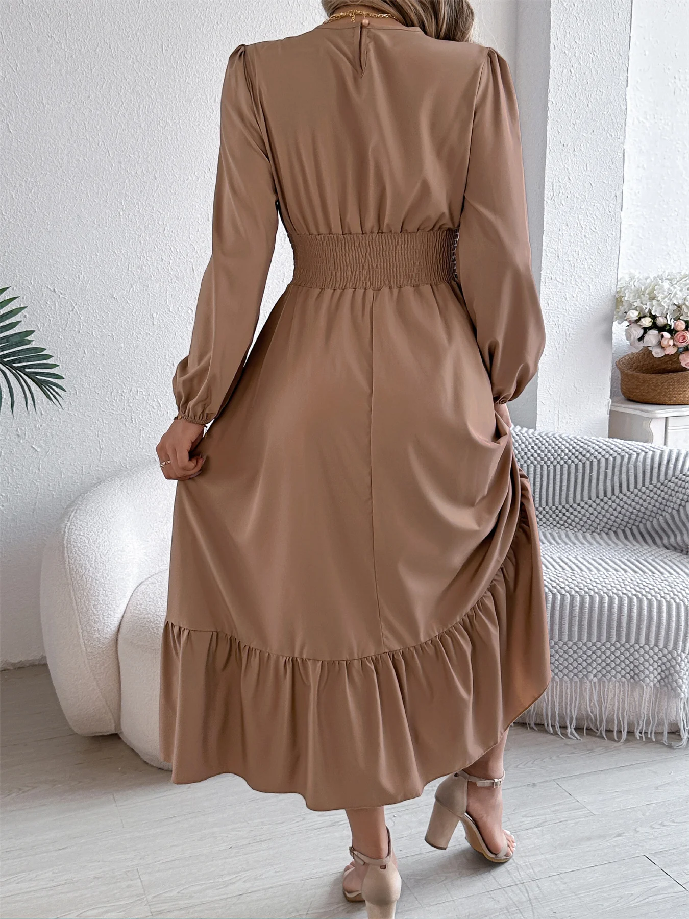Women's Fall Lace Trim Dress Smocked Waist Round Neck Long Sleeve Ruffle Hem Midi Solid Resort Elegant