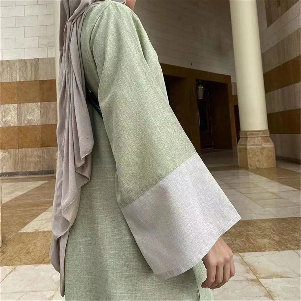 Ramadan Eid Linen Open Abaya with Pockets New Thick Kimono Islamic Clothing Cardigan Muslim Women Dress Modest Abaya Outfits