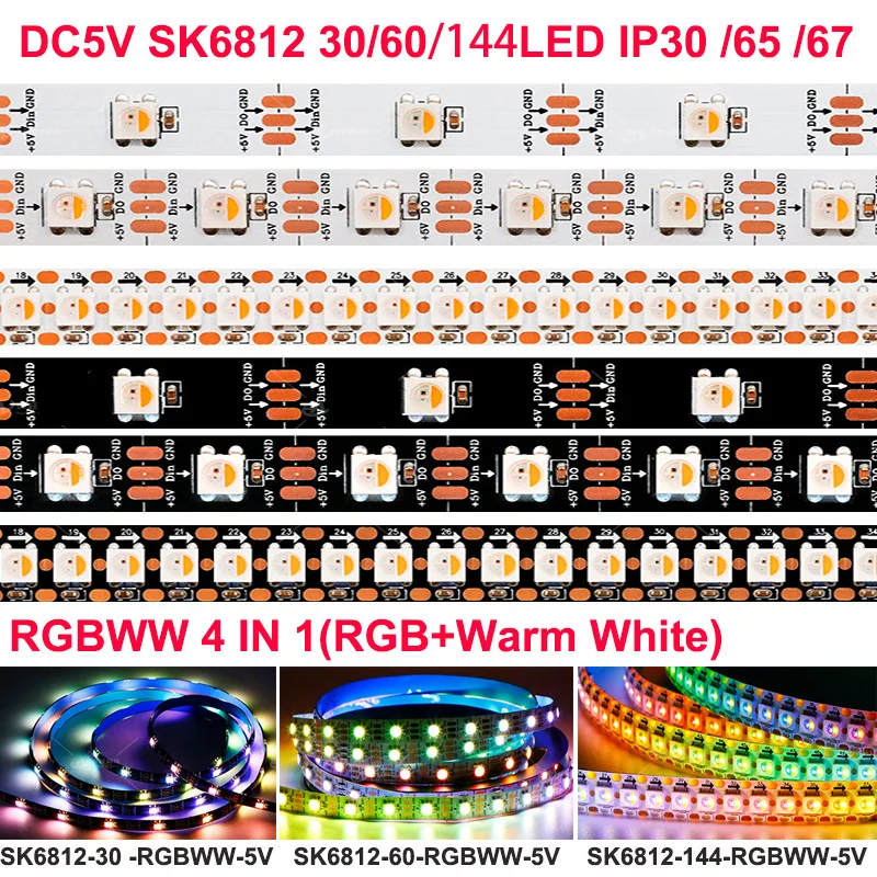 

WS2812B 2815 SK6812 RGBW RGBWW светодиодная полоса SMD5050 4 в 1 60 светодиодов/м, адресная светодиодная Пиксельная лента, фотолента, цвет белый/черный, печатная плата IP30 IP65 IP67