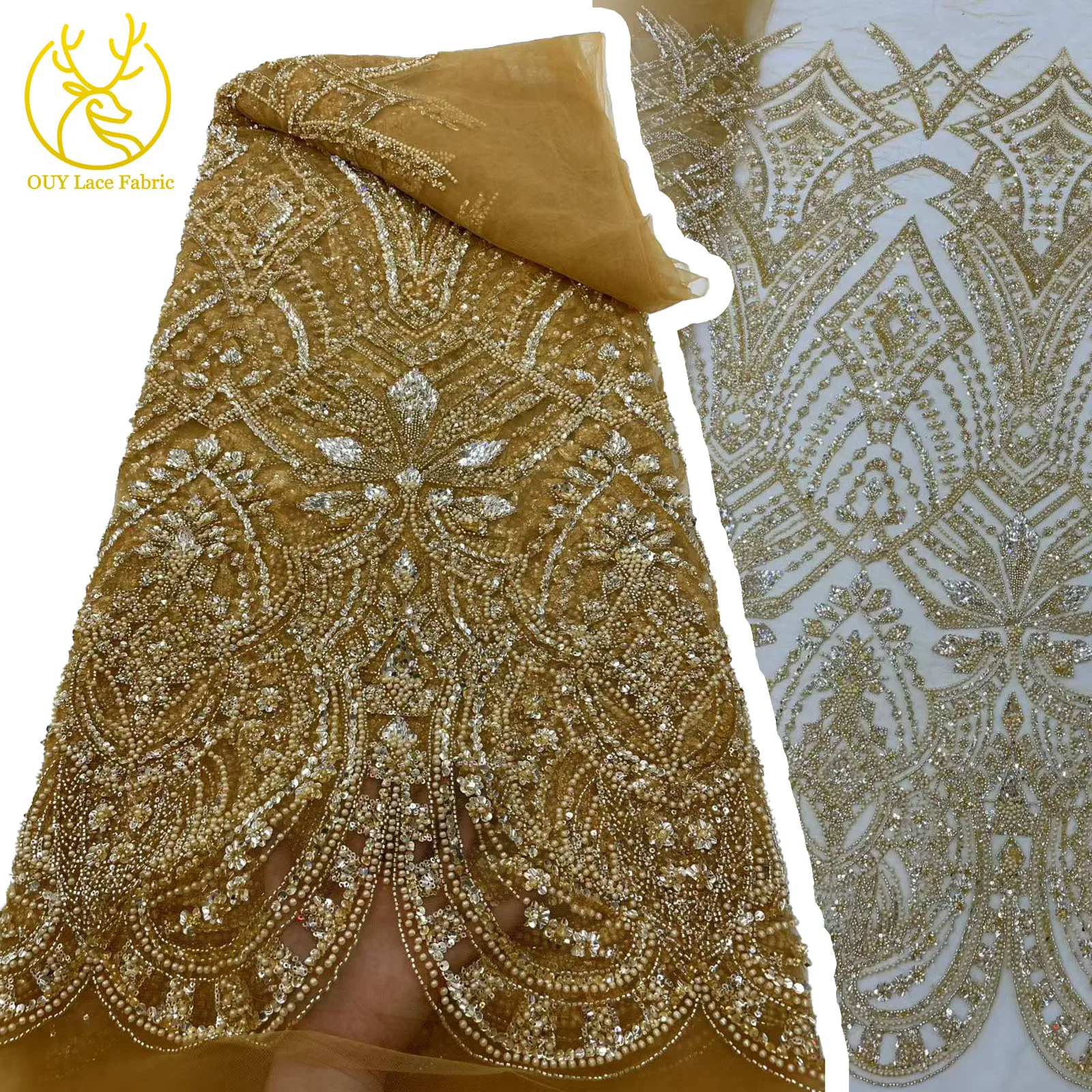 

Luxury African Beaded Lace Bridal Fabric 2025 High Quality French Nigerian Sequins Tulle Material Ladies Wedding Party Dresses