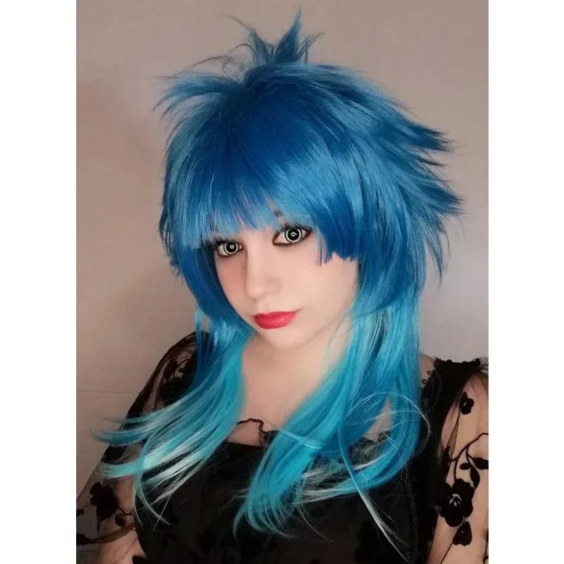 Blauwe Ombre Cos Pruik Kort Hittebestendig Synthetisch Haar met Flip Twists voor Anime Halloween Party