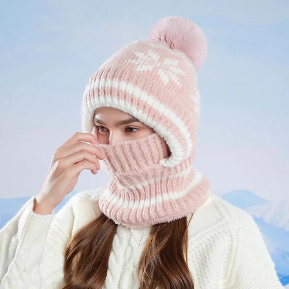 Fleece Lining Knitted Balaclava Hat Snowflake Jacquard Ear Protection Integrated Scarf Cap Elastic Knit Fluffy Pom