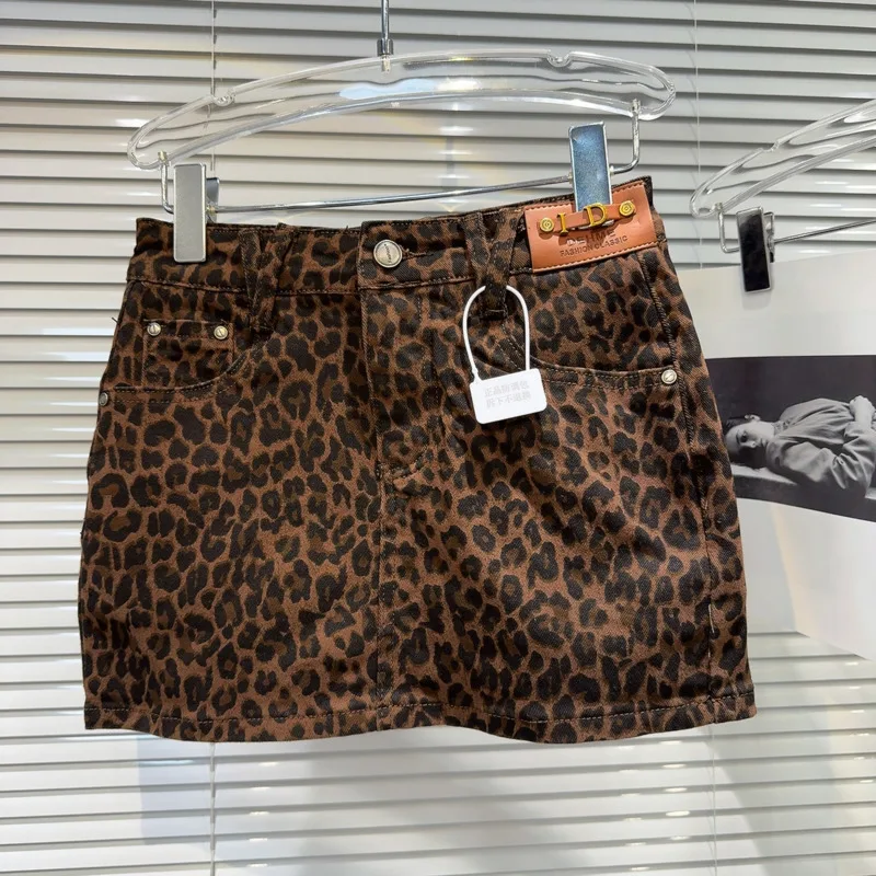 PREPOMP 2024 Autumn New Arrival Sexy Brown Leopard Short Slim Bodycon Denim Skirt Women GS140