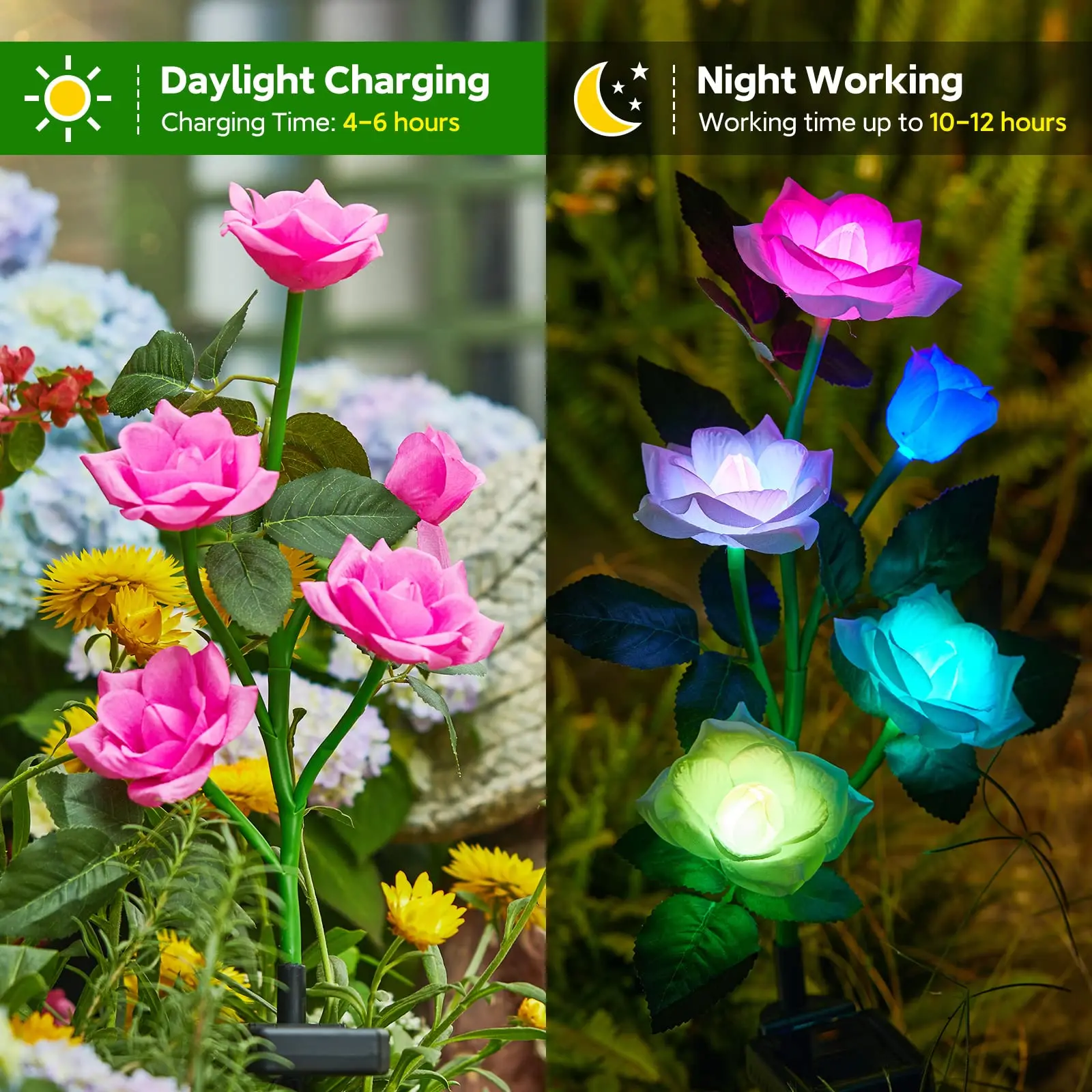 Solar Garden Lights Outdoor Waterproof Decorative Solar Flower Light with 5 Roses 7 Color Changing for Patio Pathway Decoration