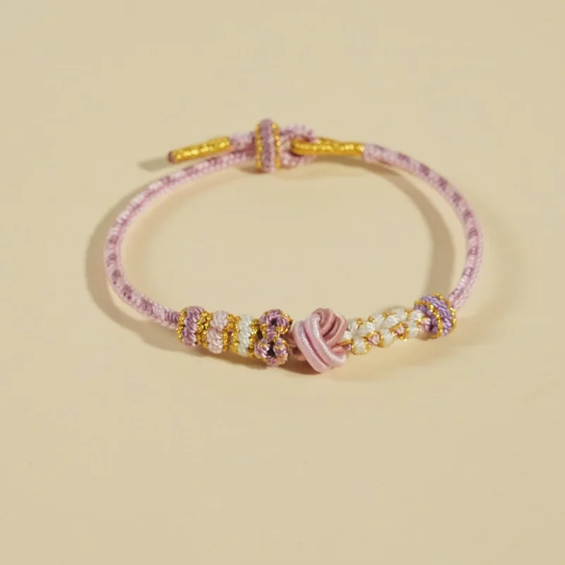 Chinese Traditional Style Lucky Peach Blossom Dimple Knot Braided Bracelet Good Fortune Blessing Adjustable Hand String Couple