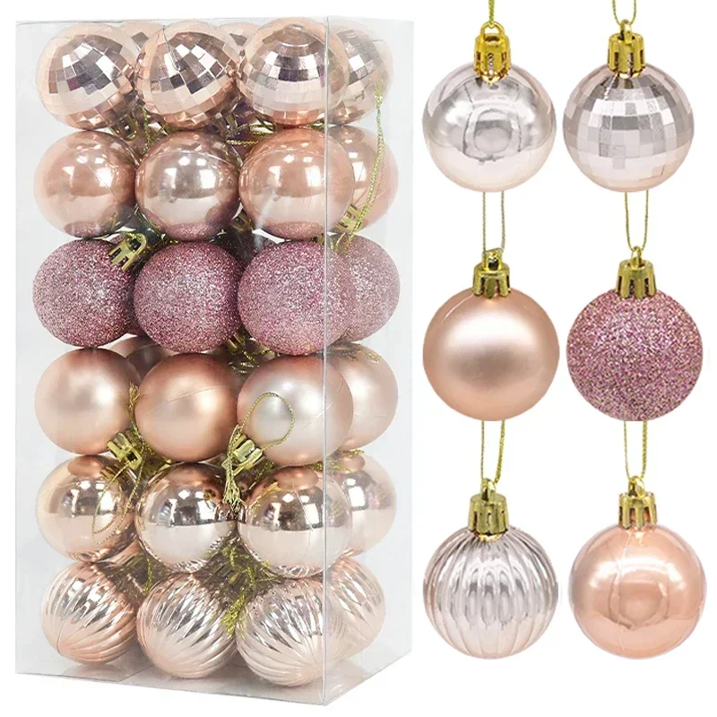 

36Pcs Rose Gold Plastic Christmas Balls Ornament 4cm Hang Pendant Ball Indoor New Year Xmas Tree Decor Home Christmas Decoration