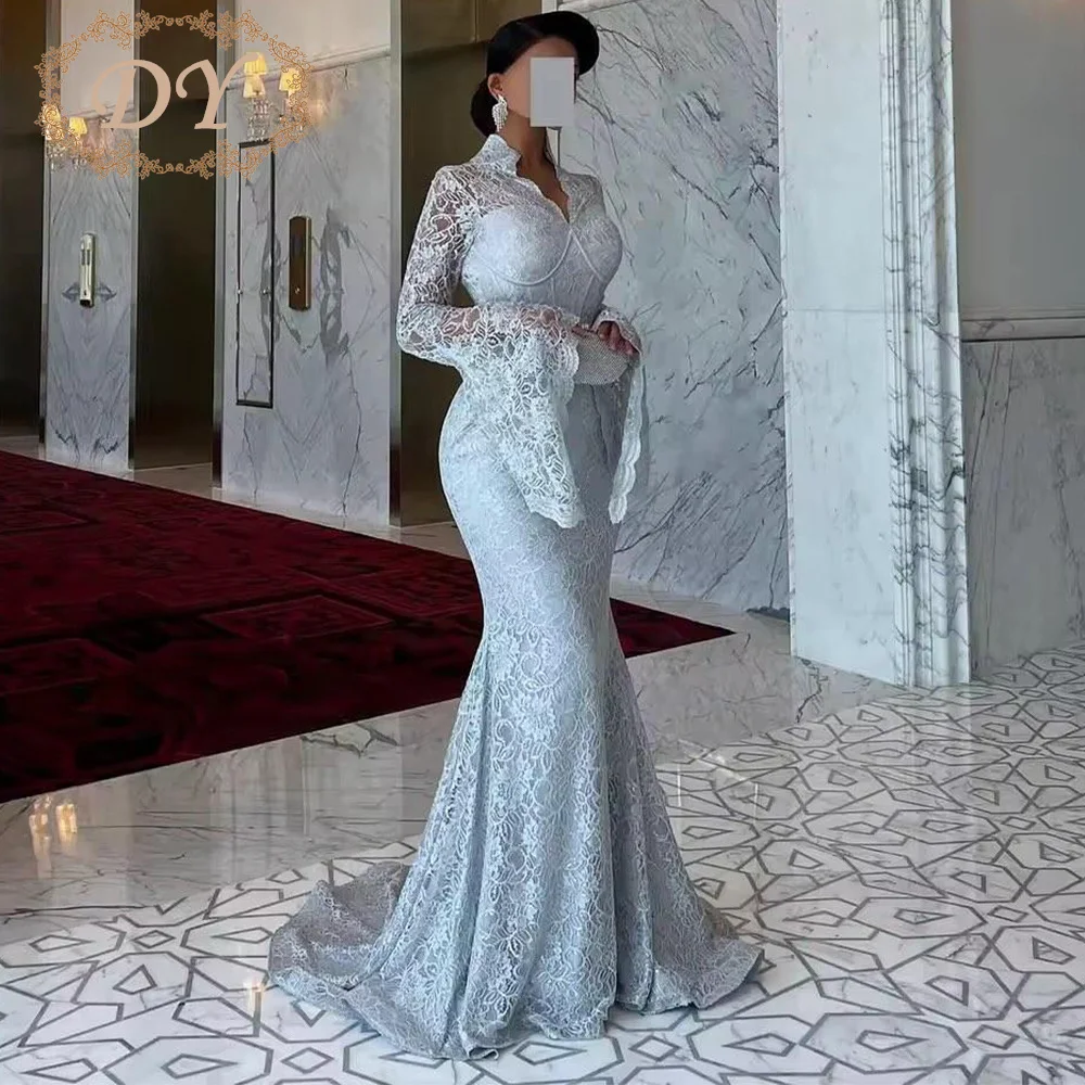 DY Elegant Lace Mermaid Prom Dresses High Quality Fashion V-neck Full Sleeves Floor Length Customized فستان بيكو