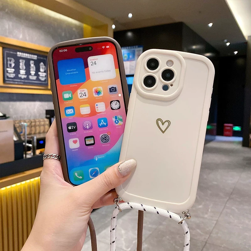 With Lanyard Love Phone Cases for IPhone 17 16 15 14 13 12 11 Pro Max Crossbody Silicone Back Cover - náhled 3