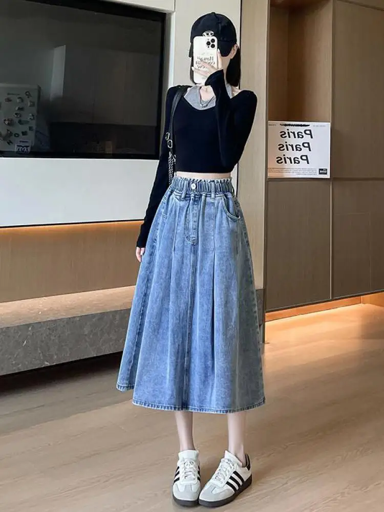 

Vintage Women's Blue Elegant Plus Size Denim Jean Skirt Autumn And Winter High Waist Button Vacation Pleated Long Skirts Popular
