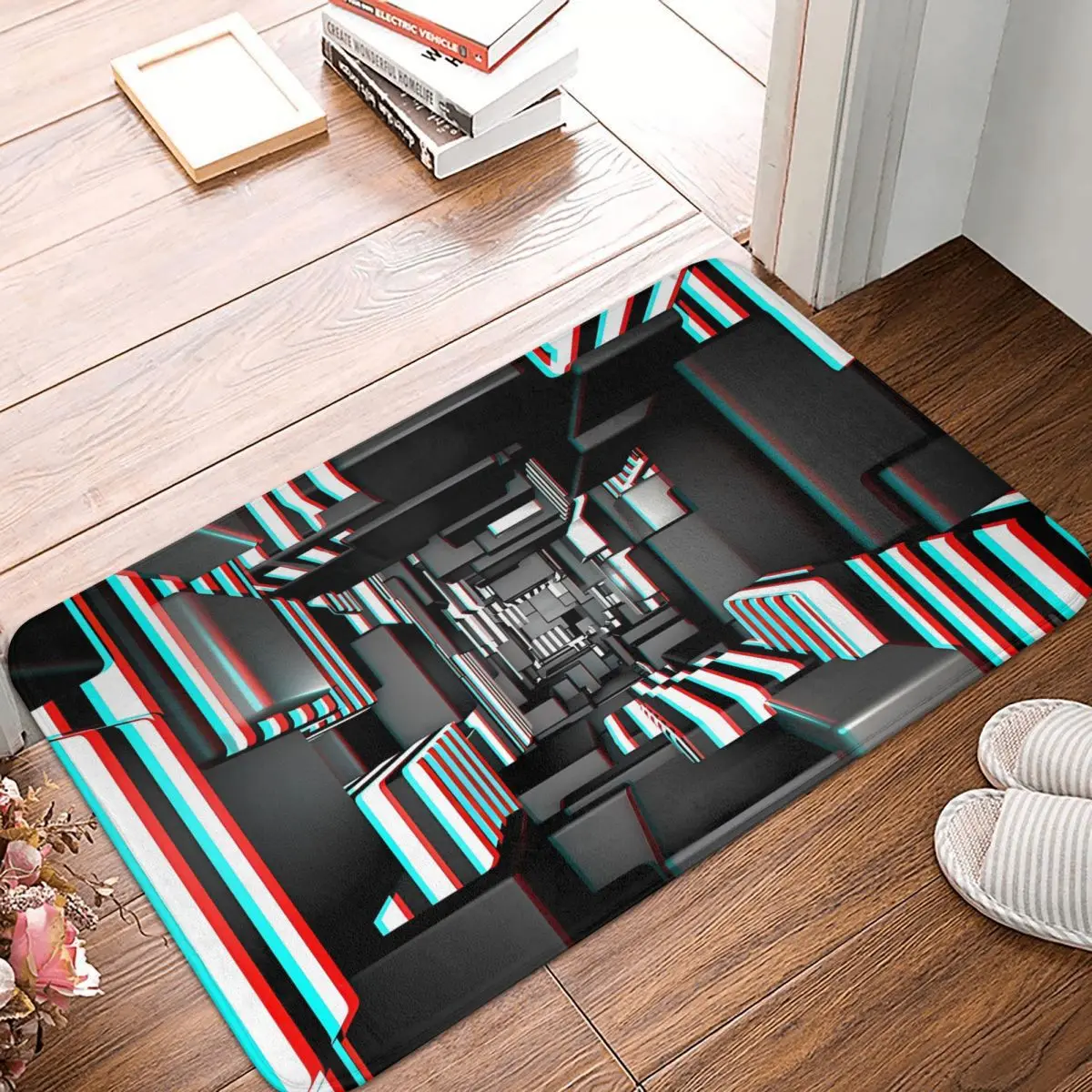 Op Art Optical Illusion Stripes Tech 3D Cubes Black White Red Cyan Bath Mat Rug Home Doormat Living Room Carpet Balcony