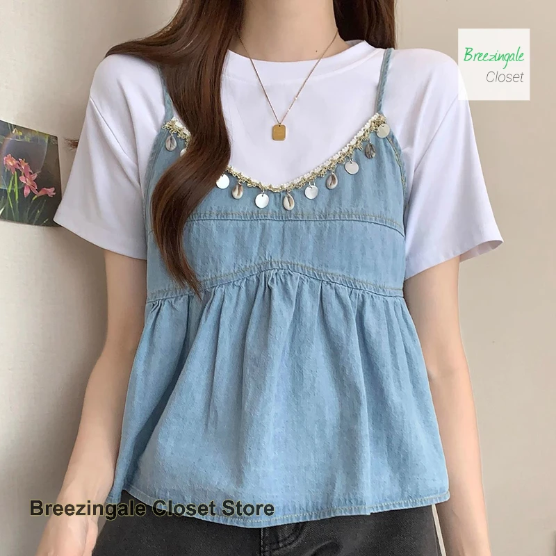 

Korean temperament fake two-piece sling splicing short-sleeved shirt women's summer new loose plus size doll shirt short clothes