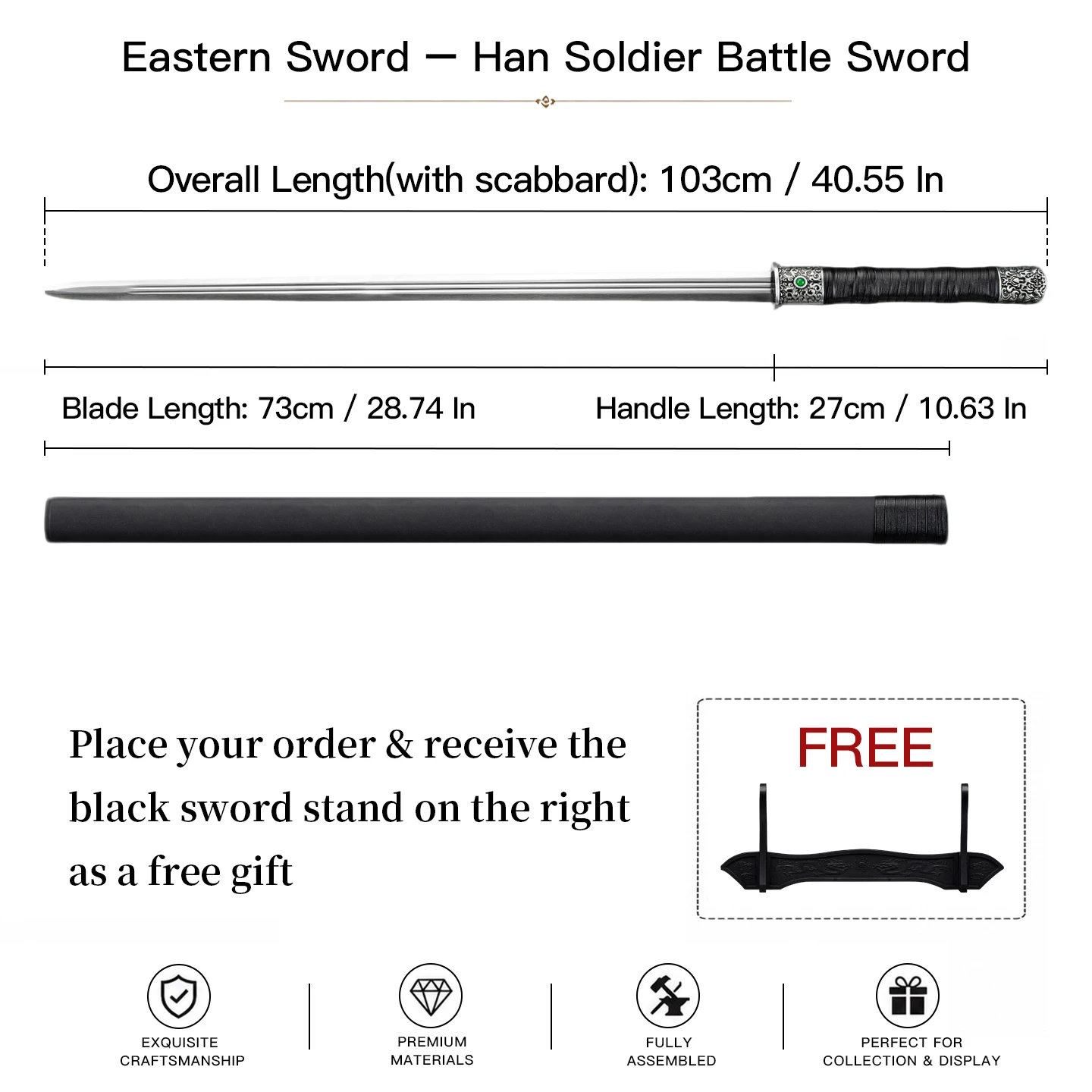 Han Soldier Han Sword Manganese Steel Blade Vintage Scroll Alloy Fittings With Green Gem Black Wrapped Handle Free Sword Stand