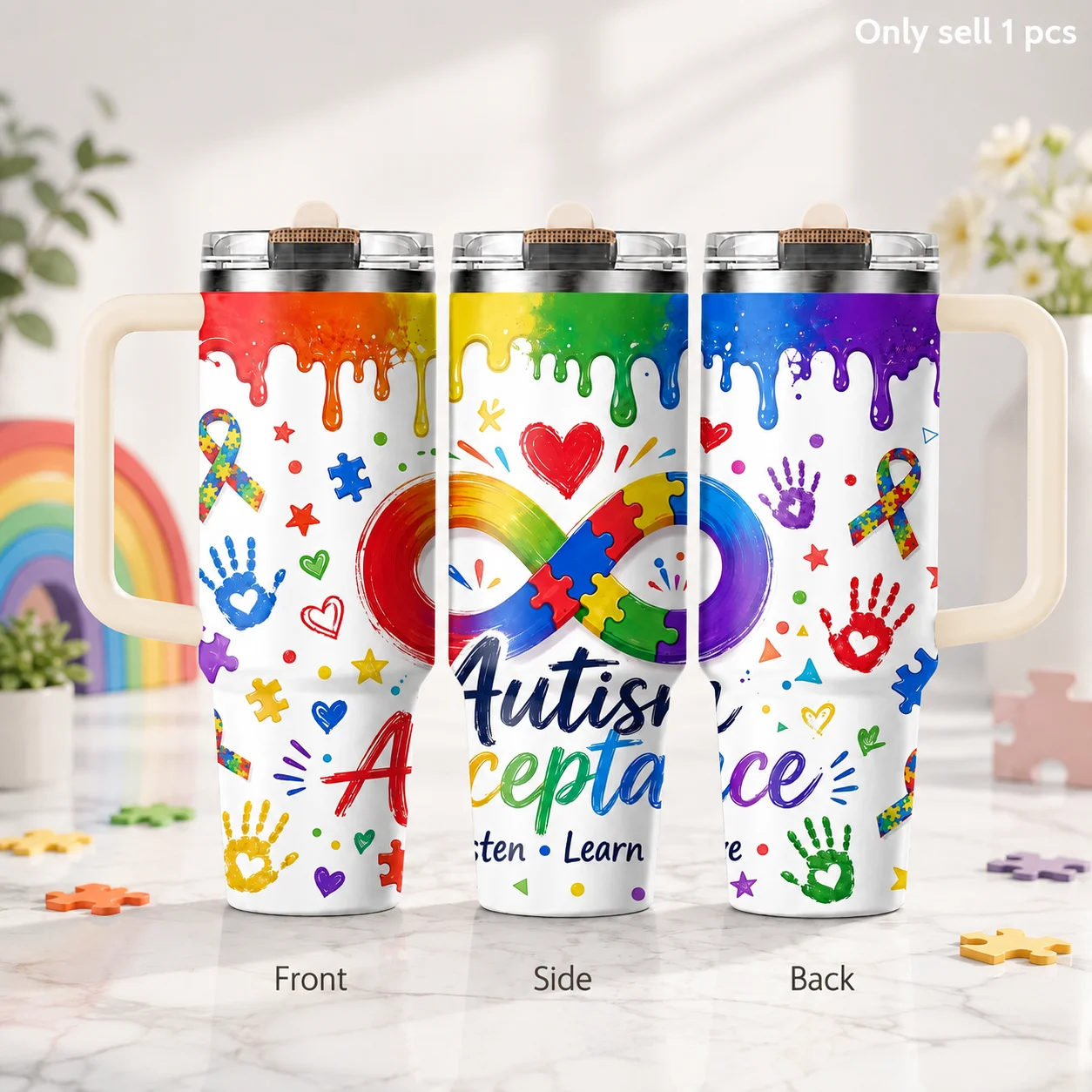 Autism Acceptance Listen Love Vacuum Flasks 40oz 3rd Gen Vacuum Insulated Stainless Steel Tumbler Cup With Handle Straw Lid