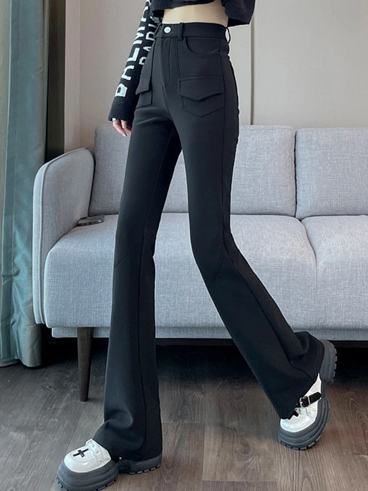 Winter Warm Slim Thicken Flare Pants Women Elastic High Waist Velvet Lined Boot Cut Pantalones Korean Fashion Casual Calca New