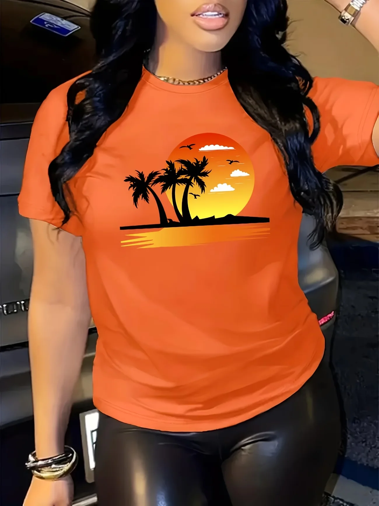Women's Tropical Sunset Palm Tree Print T-Shirt Red Casual Short Sleeve Summer Top Short Sleeve Tee Plus Size