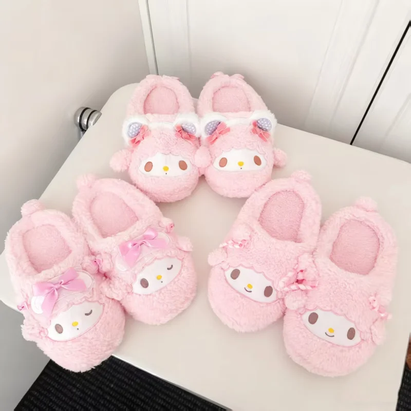

My Melody Girls Home Slippers Kawaii Cartoon Velvet Indoor Shoes Sanrio Anime Cozy Warm Bedroom Slippers for Women Non Slip Flat