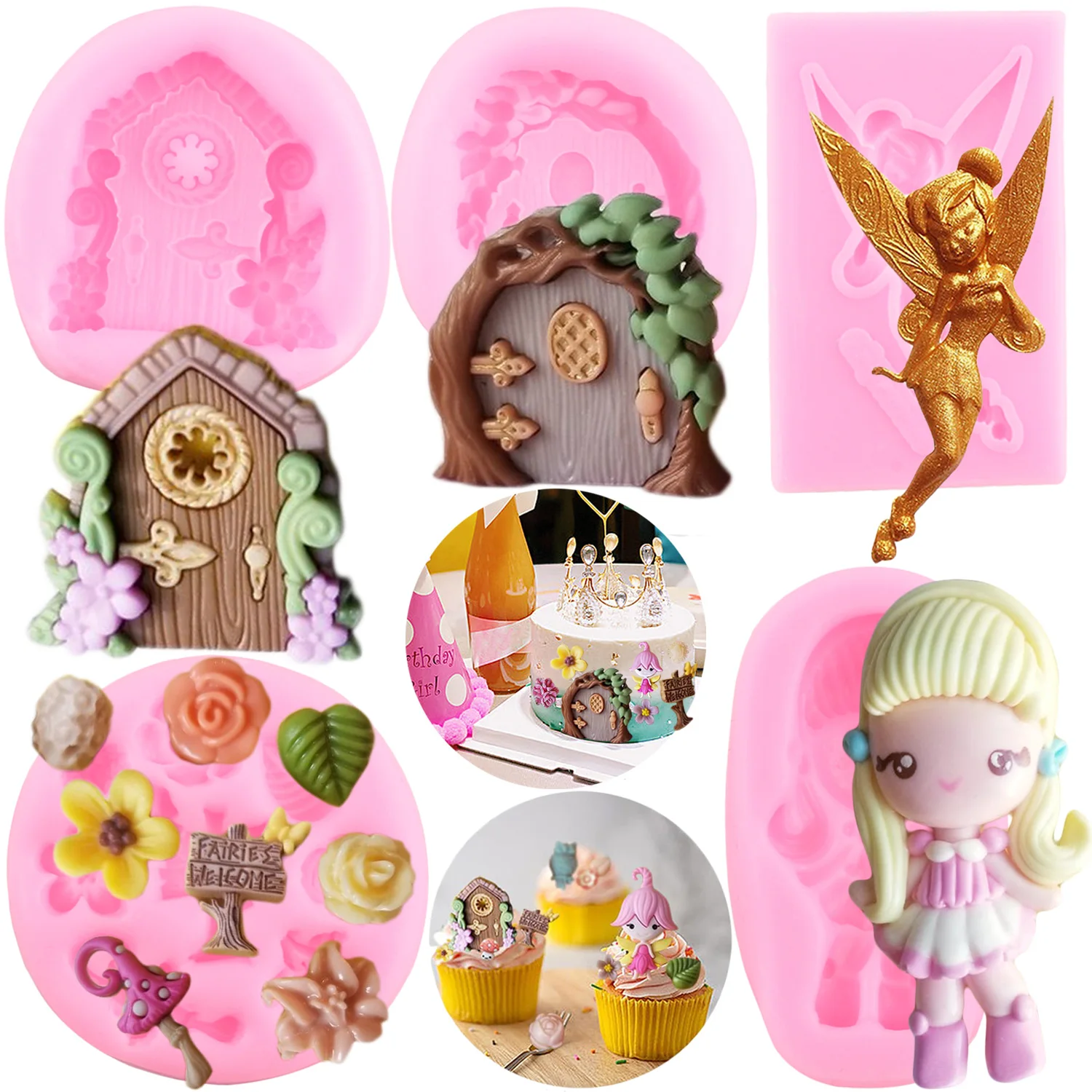 Fairy Garden Home Silicone Mold Door Window Fondant Molds Cake Decorating Tools Chocolate Gumpaste Mould Candy Resin Clay Moulds