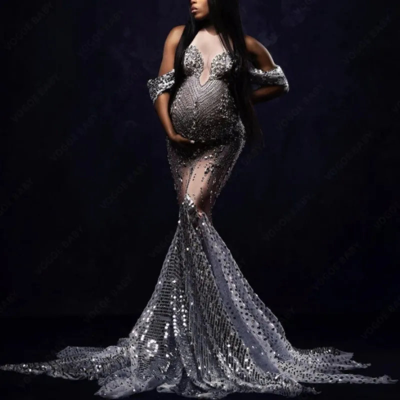 Sequin Maternity Photography Dress Glittering Rhinestones Dress Maternity Baby Shower Robe Pregnant Wedding Dress Photo Shoot