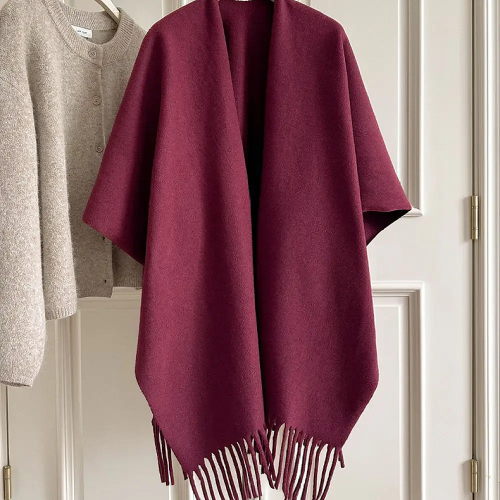Winter Warm Thickened Woolen Shawl Cape Women Fringe Poncho Split Cloak Outdoor Travel Fashion Elegant Style Outerwear