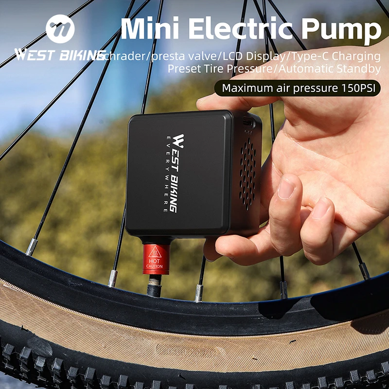 

WEST BIKING Mini Electric Pump Max 150PSI Bike Tire Inflator For Schrader/Presta Valve Car Motorcycle Basketball Bike Pump