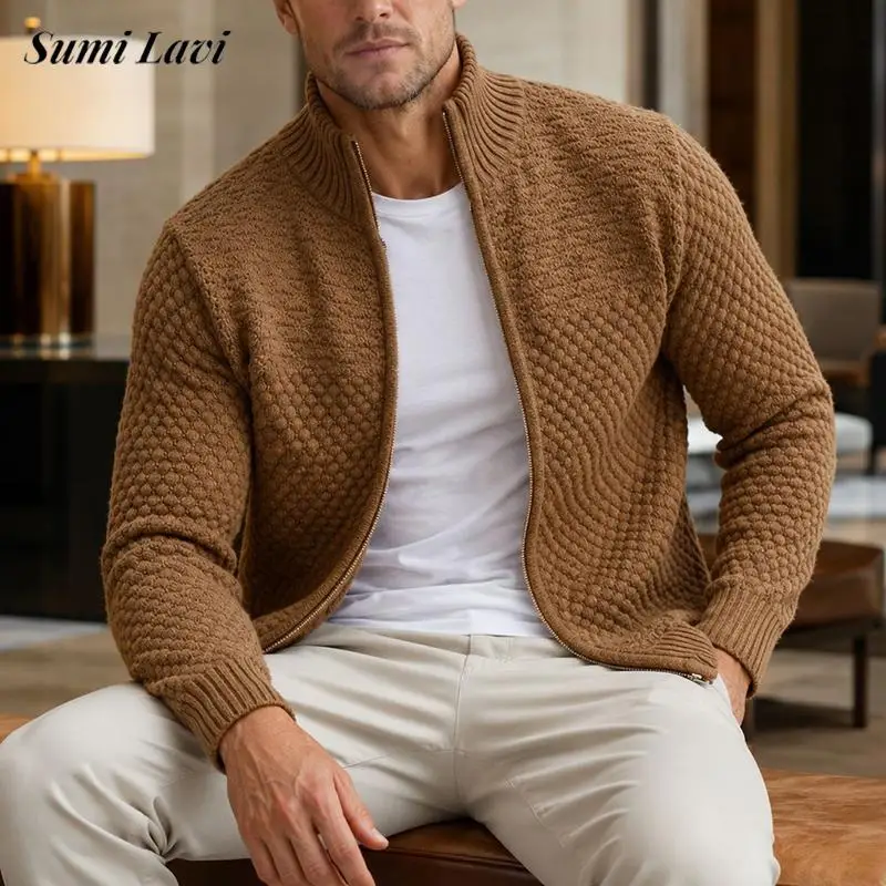2026 Fall Winter Full‑Zip Knit Cardigan Mens Slim Fit Stand Collar Textured Daily Outerwear For Men