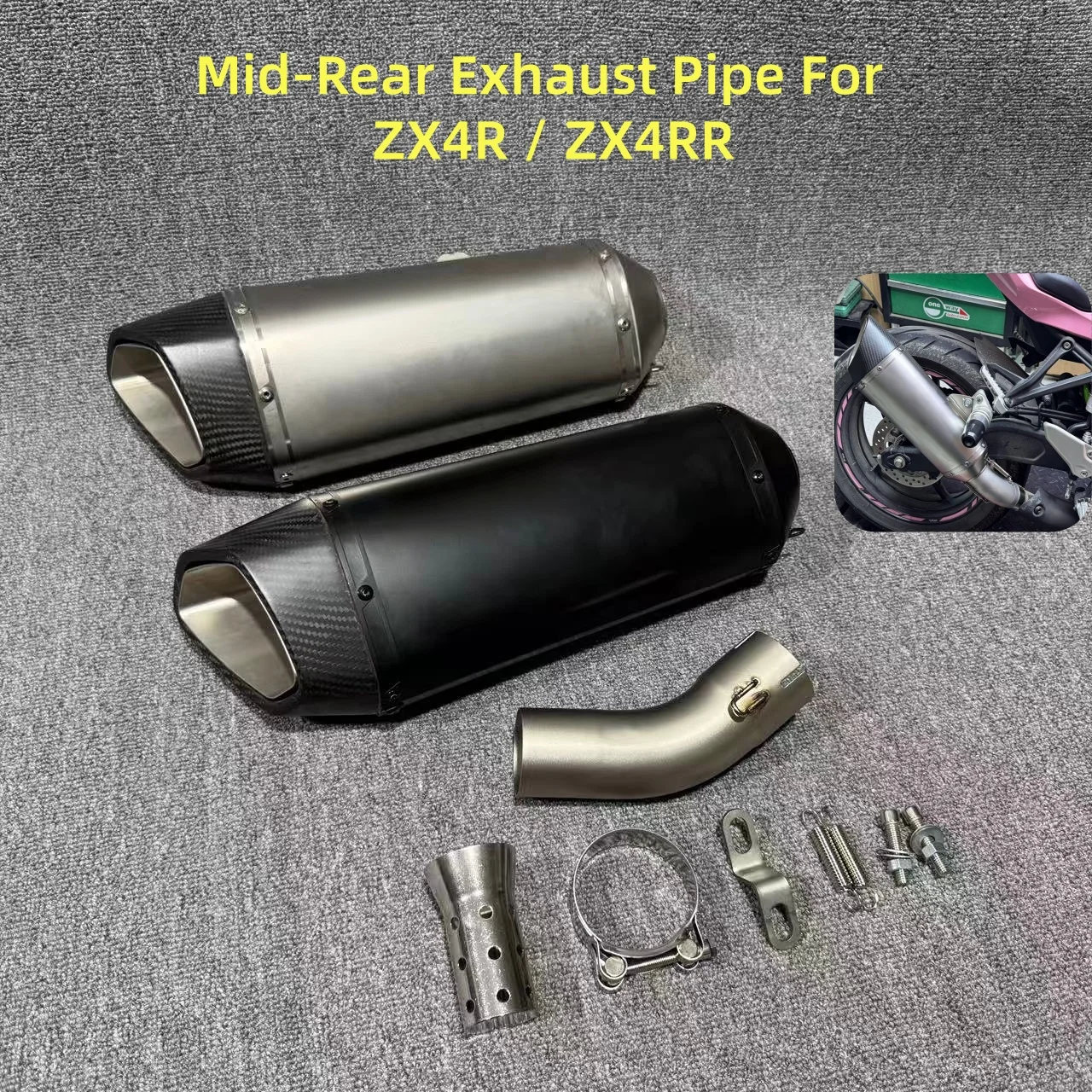 Mid‑Rear Exhaust System For Kawasaki ZX4R / ZX4RR, Include Mid Link Pipe + Muffler One Set, Built‑in DB Killer