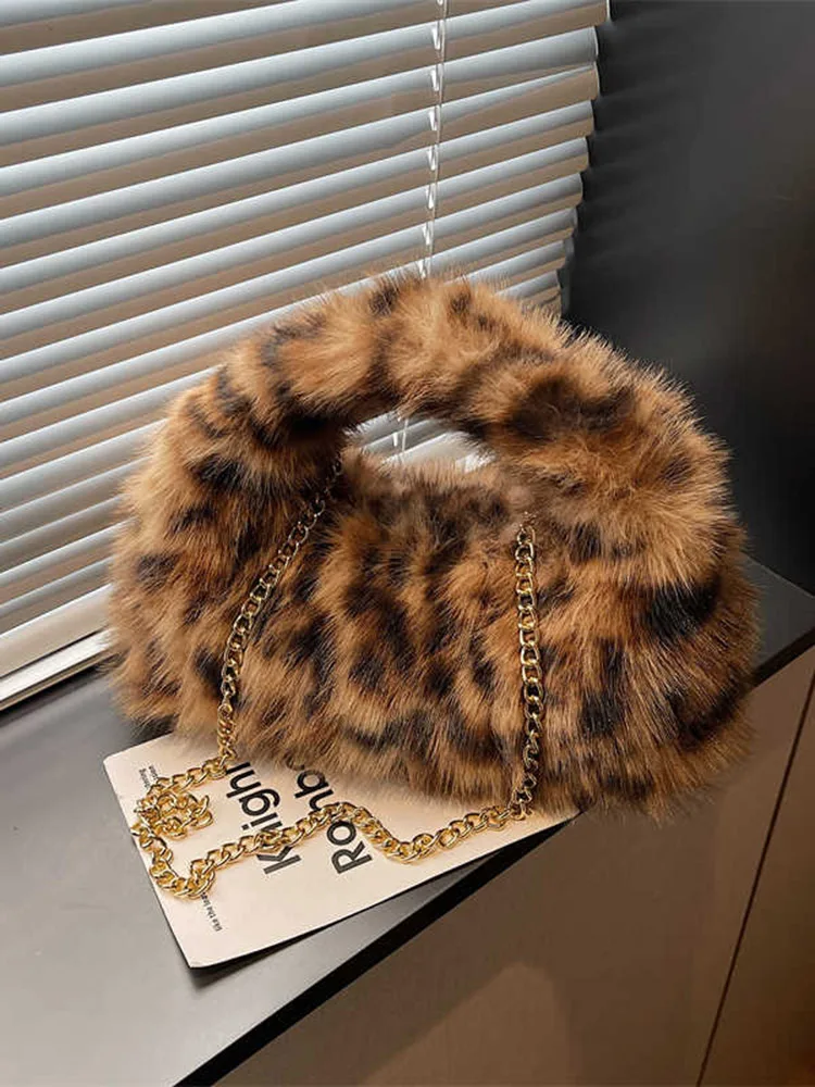 

Trend Leopard Print Chains Handbags for Women Autumn Winter New Soft Plush Casual Messenger Bag Fashion Versatile Shoulder Bags