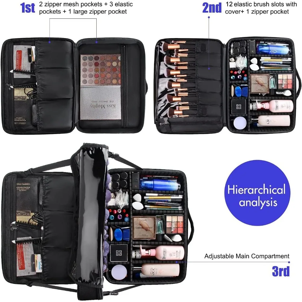 Extra Large Makeup Case with Adjustable Dividers, Shoulder Strap & Trolley Attachment - Professional Organizer