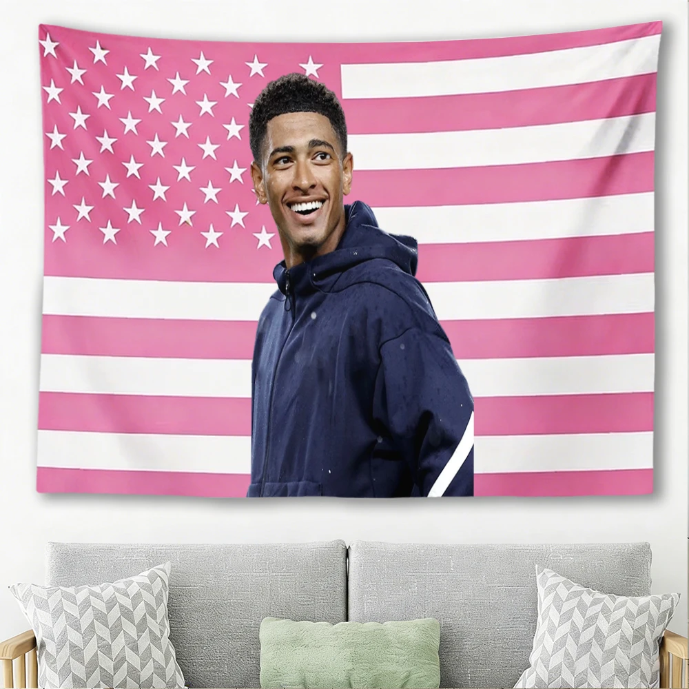 Jude Bellingham Pink American Flag Tapestry Football Star Portrait Wall Hanging Fan Bedroom Decor Gift